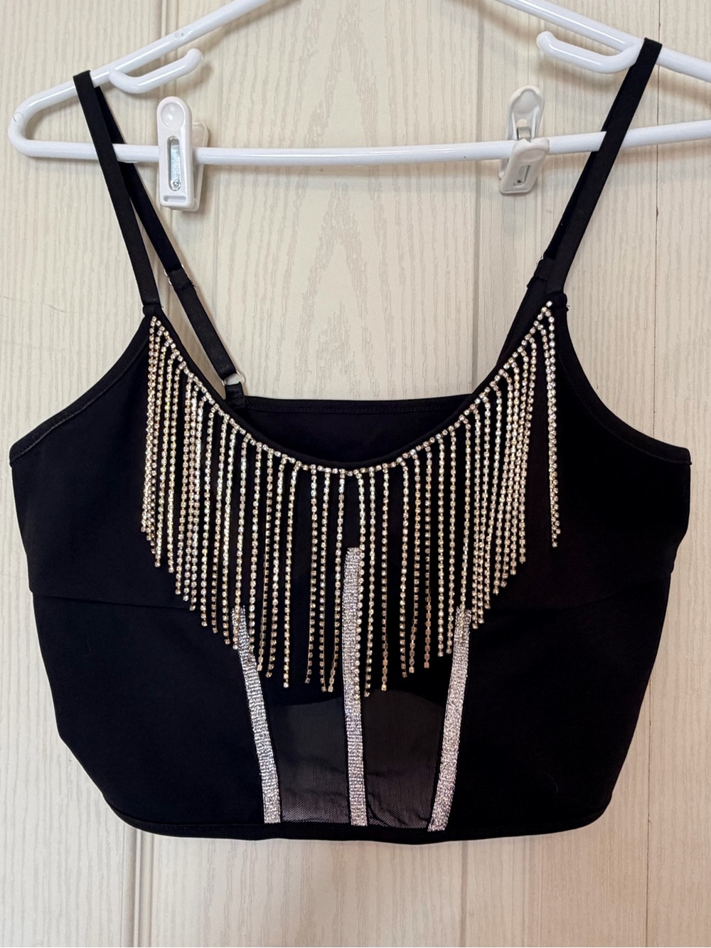 Black Rhinestone Fringe Crop Top
